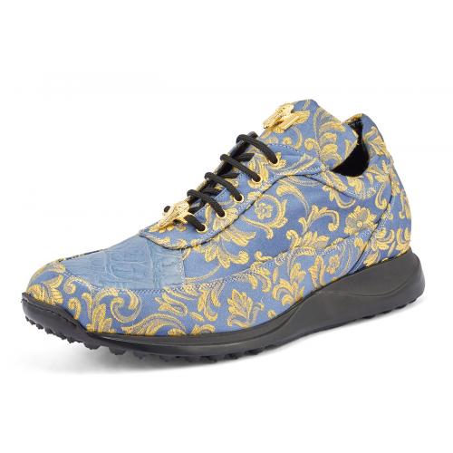 Mauri "8900/2" New Blue / Gold Genuine Crocodile / Gobelins Fabric Casual Sneakers.